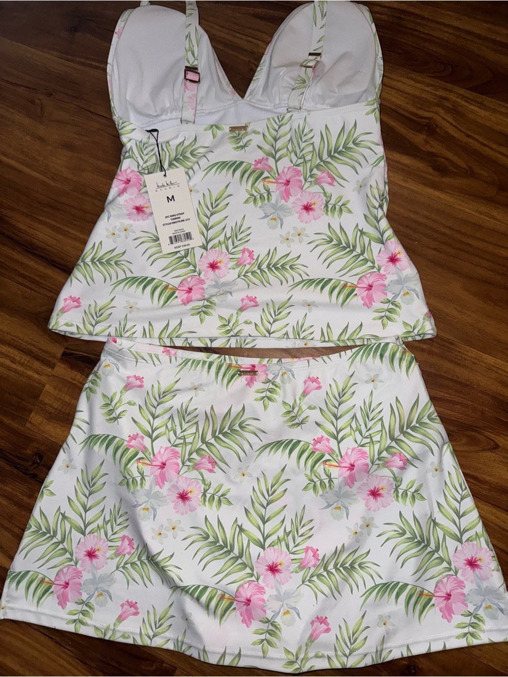 Nicole Miller White Tankini Set with Pink Floral Print - Picture 7 of 9